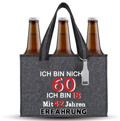 Cadeau d'anniversaire 60 ans pour homme - Comprend un sac à vin amusant et un décapsuleur en forme de bouteille - Sac à bière pour homme avec 6 bouteilles de bière pour anniversaire 60 ans