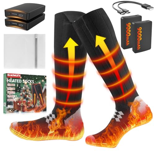 ikuchelife Beheizbare Socken, 2 X 9000mAh/5V Akku Max. 18H Fußwärmer Elektrisch, Wiederaufladbare Wolle Beheizte Socken 2 Heizdraht Heizsocken mit 3 Temperatur für Ganze Fußsohle