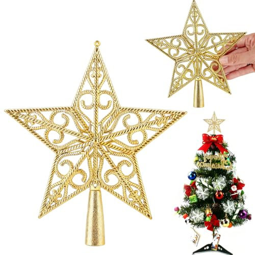 Estrella para Árbol de Navidad Doradas - Punta de Árbol de Navidad Estrella de 20cm con Diseño 3D Hueco, Estrella Navideña para Arbol, Ligera y Estable para una Decoración Navideña Elegante y Mágica