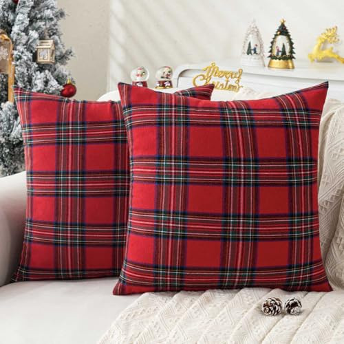 Jayusaror Kissenbezug 40x40 Weihnachten Kissen Kissenhülle Rot Kariert Weihnachtskissenbezüge Plaid Schottischen Tartan Kopfkissenbezug Weihnachts Kissenbezüge für Sofa Wohnzimmer 2er Set