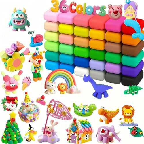 WYRGQIQN Modelliermasse Lufttrocknend, Air Dry Clay Set mit 36 Farben, Weiche Modelliermasse mit Zubehör für kreative Gestaltungsprojekte
