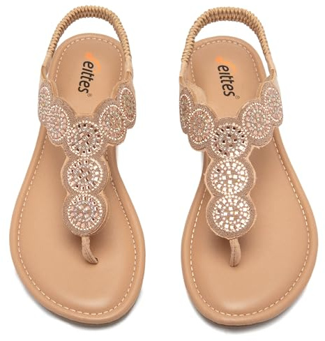 Veittes sandales boho plates pour femmes -Sandales élégantes et confortables à bride élastique arrière, à sabot ouvert sandales tong d’été avec strass et sangle de cheville,doré,38 EU,2307004