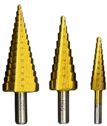 CAV INNOVA - Broca Escalonada HSS-4341,Set 3 Pcs, Acero de Alta Velocidad, para una perforación más rápida en Acero, Madera Latón, Aluminio, PVC, Broca Conica Para Metal