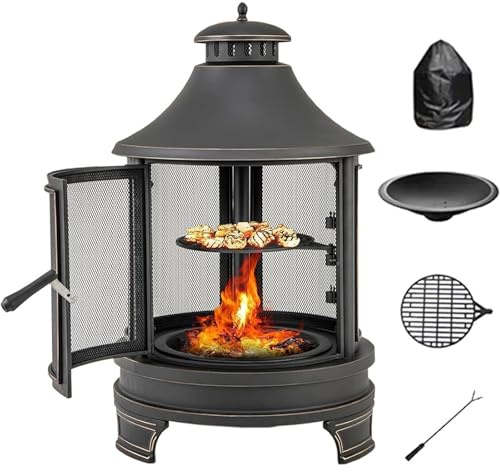 Chimenea al aire libre y parrilla de barbacoa, hoguera de leña con chimenea para jardín y patio