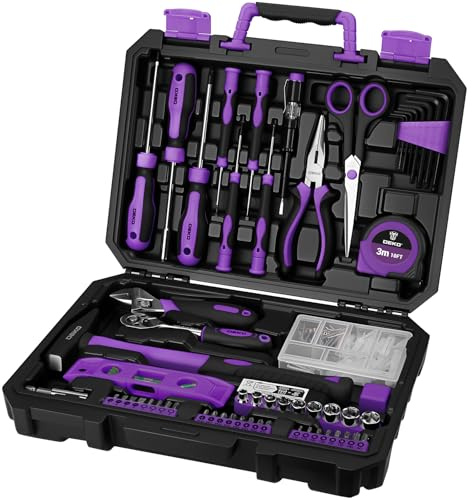 DEKO 138 Piece Tool Kit Complete Home Tool Set with Claw Hammer, Adjustable Wrench, Combination Pliers, Screwdriver Set, Tape Measure - Basic Household Repair Toolbox for DIY Projects,(Purple)