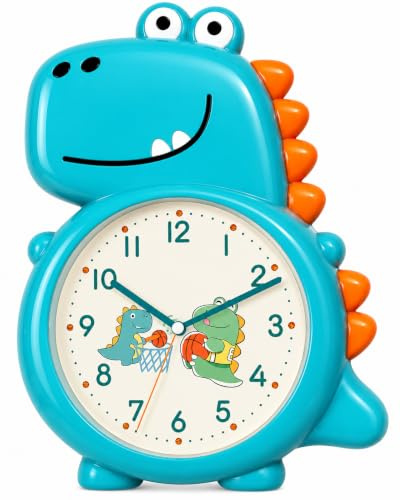 JRose Collections Kids Dinosaur Wall Clock 36x25cm Silent Quartz Non Ticking Battery Operated Cute Cartoon Clock for Children Bedroom Nursery Decor Easy Read Numbers Multiple Colours JR2541 (Blue)