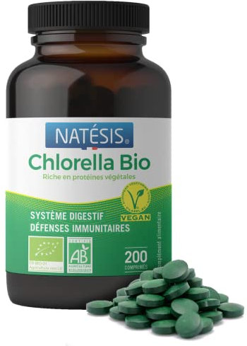 Natésis – Chlorella Bio – DÉTOX DIGESTION IMMUNITÉ – SANS ADDITIFS – SUPERFOOD : protéines végétales, chlorophylle, B12 & fer – HAUTE QUALITÉ – 200 comprimés