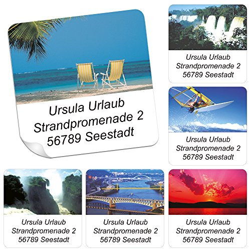 Adress-Etiketten - Adress-Aufkleber Urlaubsgruß mit Ihrem Wunschtext, 48 Stück, ca. 40 x 40 mm, für bis zu 5 Zeilen Text | Wunschtext nach der Bestellung per Mail mitteilen