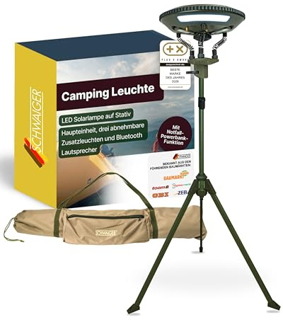 SCHWAIGER LED Campingleuchte mit Stativ & Bluetooth Lautsprecher I Solar Campinglampe mit 3 Zusatzleuchten I solarbetriebene Standleuchte mit Powerbank-Funktion I multifunktionale Outdoor Lampe