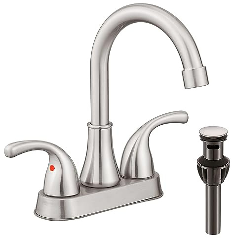 Bathroom Sink Faucet FRANSITON 4 Inch Faucet 2 Handle Bathroom Sink Faucets Lead-Free Brushed Nickel Bath Sink Faucets with Pop-up Drain Stopper and Supply Hoses