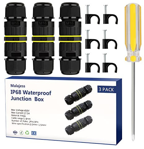 IP68 Waterproof Junction Box Outdoor Cable Connector, Extension Electrical Cable Protector for Cable Diameter Ø5mm-8mm (Pack of 3)