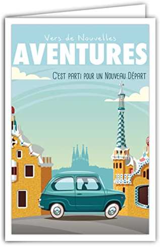 69-4341 Carte Départ Vers Nouvelles Aventures avec Enveloppe, Affichette Mini Posters Format 17x11,5cm, Retraite Déménagement Changement Vie Voyage Barcelone Espagne Voiture Rétro Vintage Bleu