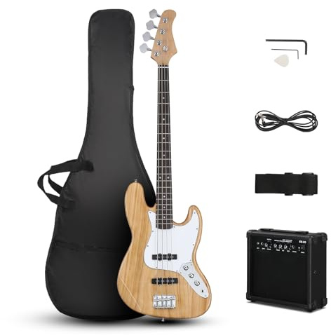 Ktaxon E-Bassgitarre mit 20-Watt-Verstärker, 4-saitig, Rechtshänder, Jazz-Bass-Set für Anfänger und Profis, mit Tasche, Schultergurt, Gitarrenplektrum, Schraubenschlüssel-Werkzeug, Burlywood-Farbe