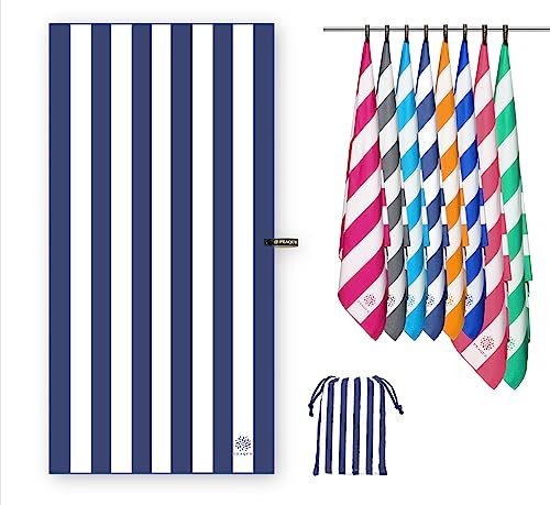 PEAQUE Mikrofaser-Handtuch mit Tasche - 80x160 cm - gestreiftes Badetuch, Reisehandtuch, Microfaser Handtücher, leicht, schnelltrocknend, dünn - Navy/Weiß