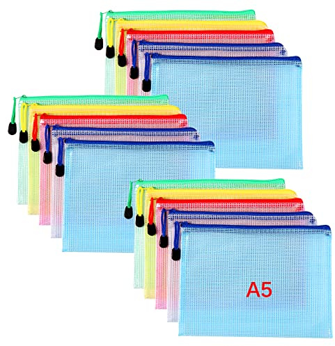 Oderra Borse di File, 15 Pezzi Sacchetto di Zip Impermeabile, A5 Busta Plastica con Cerniera per documenti, ricevute, cosmetici, materiale scolastico