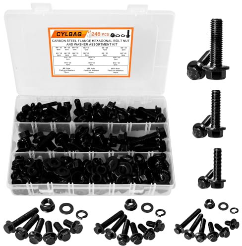 CYLBAQ 248PCS Flanged Hex Bolts, M6 M8 M10 Flange Hexagon Screws Bolts Nuts, Carbon Steel M6-1.0 M8-1.25 M10-1.5 Nut and Bolt Assortment Kit Set with Storage Case