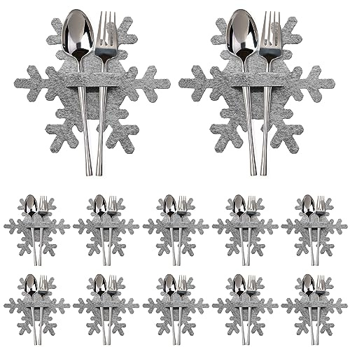 12Pcs Christmas Cutlery Holders, Felt Christmas Cutlery Bag Set, Christmas Table Decoration, Xmas Silverware Tableware Knife Fork Spoon Holder, Holiday Dinner Party Supplies (Snowflake, Grey)