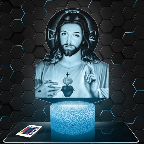 Lampephoto.fr - Lampe Jesus Christ Veilleuse 3D Sacré Coeur | Fait en France, Socle au Choix, Luminosité Ajustable, Piles ou USB, Gravure HD au Laser, Idée cadeau Chrétien, Catholique