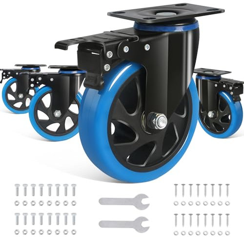 BAOLIHUI Swivel Castors, Blue, Diameter 125 mm, Heavy Duty Castors with A/B Brake, Transport Castors up to 800 kg, Portability, Furniture Castors Including Mounting Accessories, Workbench Castors,