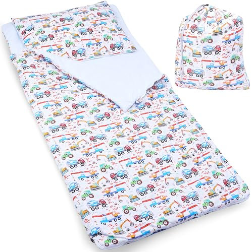 PinkZebra Schlafsack Kinder 140 x 75 cm + Kissenbezug 60 x 40 cm & Beutel, Indoor für Kindertagesstätte Kindergarten Deckenschlafsack, 3-8 Jahre (bis 135 cm Kindergröße), Öko-Tex, Traktor