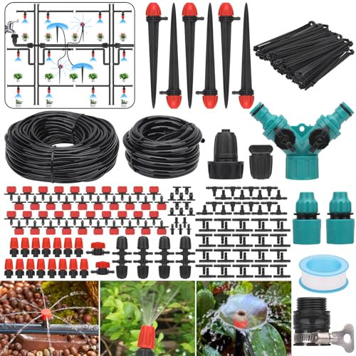 Ridgeek Kit de système d'irrigation goutte à goutte de 50,6 m pour serre, patio, cour, pelouse, plante avec tuyau de distribution de tuyau de 0,6 cm et accessoires