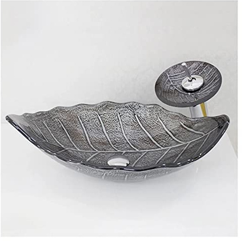 Lavandino in Vetro temperato Artistico con Rubinetto Cromato a Cascata Combinato e lavandino Pop-up con Scarico per lavabo (Colore: A, Dimensioni: 55x35x17,5 cm)