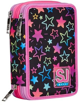 SJ GANG STYLE JAM GANG Astuccio Scuola 3 Zip, Nero e Rosa, Colorful Panda, Portapenne Triplo Scomparto Completo Di Penne, Matite, Colori, Accessori Zaino, Elementari, Medie, Bambina, 30C202461-379