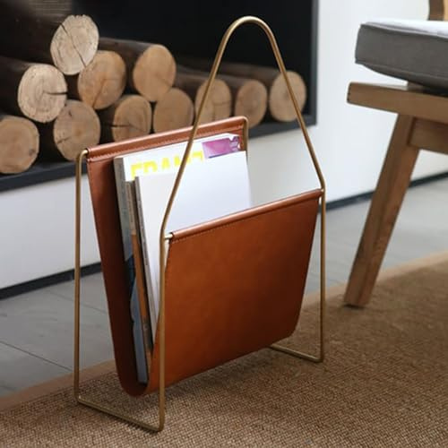 Zeitschriftenhalter aus Leder für moderne Schreibtischaufbewahrung, Wohnzimmer, Zeitungsbuch, Präsentationsständer mit Metallrahmen, freistehender Organizer-Korb
