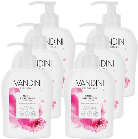 VANDINI 6x Nutri Flüssigseife Spender mit Pfingstrosenblüte Duft 300ml | Made in Germany Spender Seife vegan - Handseife flüssig reinigt sanft - Handwaschseife für gepflegte Hände - Hand soap