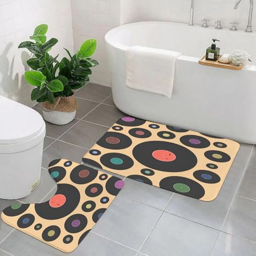 EYLOZS Tappetini da Bagno,Set tappeti Bagno 2 Parte,Lavabile • tappeto Bagno,Microfibra,Tappetino per vasca,doccia,Disco retrò in vinile colorato per DJ, motivo fonografico vintage, registrazione del