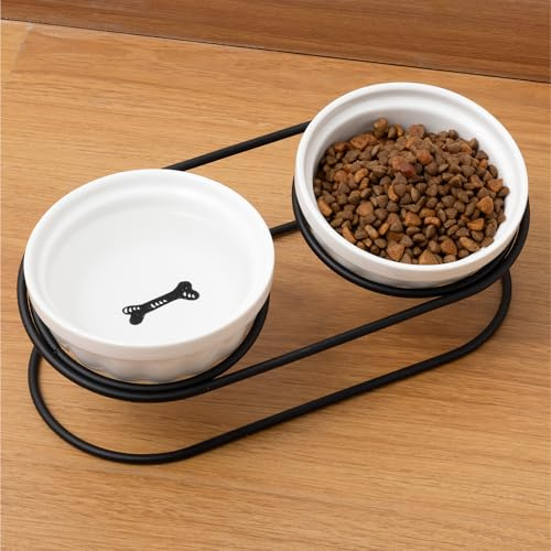 Navaris Set di 2 Ciotole per Cani e Gatti Rialzate - Ciotola Rialzata Cane Gatto - Ciotoline da 150 ml in Ceramica per Acqua Cibo - con Supporto in Metallo Nero - Accessori Gattini