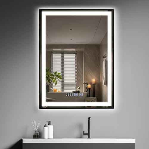 YOURLITE Miroir de Salle de Bain avec Éclairage LED 60x80cm, Fonction Antibuée Étanche Ip44 Lumière Chaude Lumière Naturelle Lumière Froide et Luminosité Réglables, avec Affichage Heure et Température