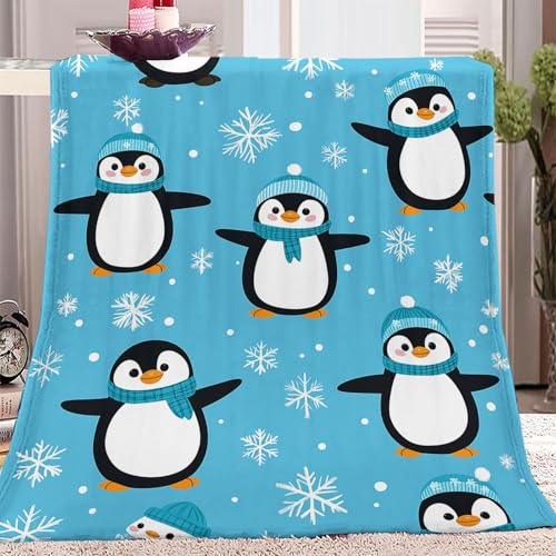 150 x 200 cm Kuscheldecke Flanell mit Cartoon Pinguin & Schneeflocken Motiv, Extra Weiche Flauschige Decke für Kinder & Erwachsene, Bedruckte Thermo-Fleecedecke, Blau Weiß für Bett Sofa