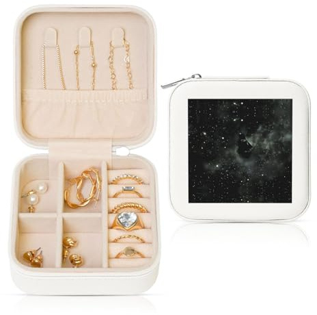 POEZJZW Reise-Schmuckkästchen, Raumschiff in den Sternen, klein, quadratisch, Reise-Schmuck-Organizer, Schmuck-Accessoire, Geschenk-Schmuckschatulle, Weiß