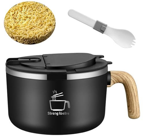 Homirty Cuenco Ramen Con Tapa,1200ml Cuenco Ramen De Acero Inoxidable Con Cuchara,Cuenco De Ramen Instantáneo,Cuenco De Cocina Ramen Portátil Para Ensalada,Fideos Instantáneos,Negro