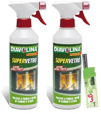 Diavolina Supervetro, Detergente Pulitore Specializzato ad Azione Extra Forte per Pulire a fondo i Vetri di Camini e Stufe dalla Fuliggine con Accendino GM (2, 500ml Spray)