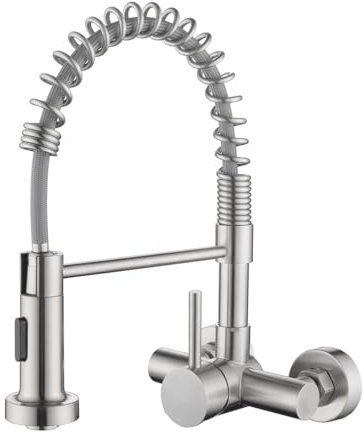 Tondiy Robinet de Cuisine Mural 11 cm avec Bec Flexible, Mitigeur Evier avec 2 Types de Jet, Robinetterie eau Chaude et Froide Rotatif à 360°, Acier Inoxydable SUS304, Brossé