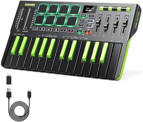Donner DMK25 Pro - Controlador de teclado MIDI, 25 miniclaves, controlador portátil USB-C MIDI con 8 almohadillas de batería, pantalla OLED, barra táctil personalizada, software de producción musical