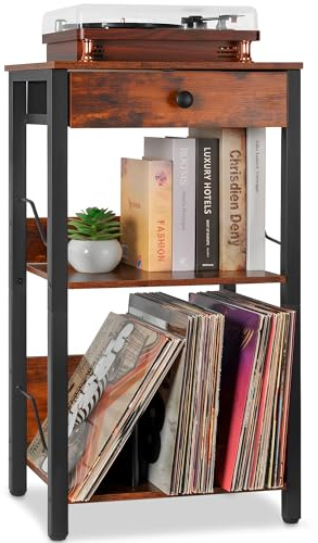 OUUTMEE 3 Niveaux Support pour Tourne-disques Vinyles, Table pour Tourne-disques avec Tiroir & Étagère Jusqu'à 100 Albums, Support de Platine Vinyle, Table d'Appoint pour Salon, Chambre et Bureau