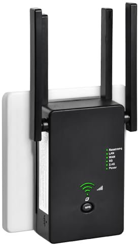2025 Repeteur WiFi Puissant, Amplificateur WiFi 1200Mbps Double Bande 5GHz/2.4GHz, Répéteur WiFi Puissant 4 Antennes, 2 Ports LAN, WiFi Extender Compatible avec Toutes Les Box Internet (Noir)