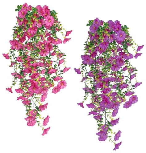 YYTECH 2 Stück Kunstblume Hängend Petunien Seidenblumen, Künstliche Hängepflanzen Eukalyptus wie echt, Kunstpflanzen Wetterfest Kunstblumen Balkon Hängepflanzen Plastik Hängepflanze Künstlich Blumen