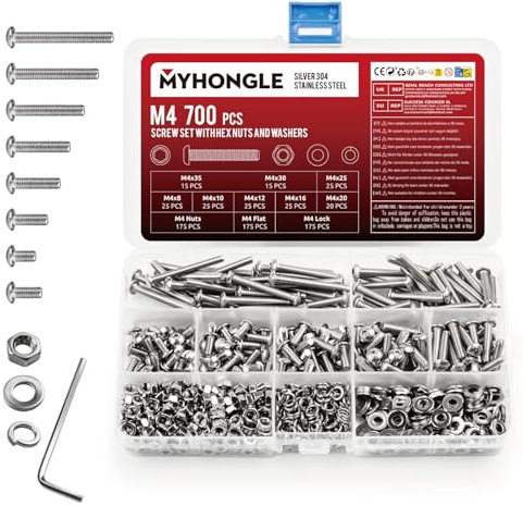 700 Pcs M4 Screws Set, M4 Bolts and Nuts Set, Assorted Nuts and Bolts Sets, Hex Socket Head Cap Screw with Washers, Pan Round Head Machine Screws Assortment Kit (700Pcs M4)