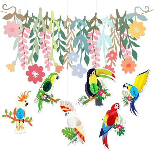 TYFYH Dschungel Deko Hawaii Party Gartenparty Deko Sommer Deko, 6 x Tropische Vogeldekoration, 18 x Künstliche Blätter, Safari, Girlande Gartenparty für Geburtstagsfeier, Dschungel Mottoparty