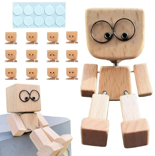 Wackelfigur Holzfigur Wackelnde Wackelmännchen Holz Auto, Mit 12 Magnetischen Gesichtsausdrücken, Mit 1 Doppelseitigem Klebeband, Wackelfüße Sitzende Beweglich Actionfiguren, Kreative Geschenke