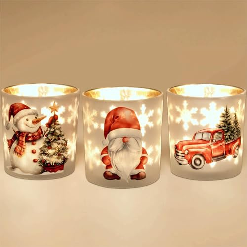 Romcanmy Juego de 3 portavelas de Navidad, Color Blanco, Rojo y Dorado, con diseño de árbol de Navidad, muñeco de Nieve, Papá Noel, portavelas de Cristal para Fiesta, Invierno, decoración de Mesa