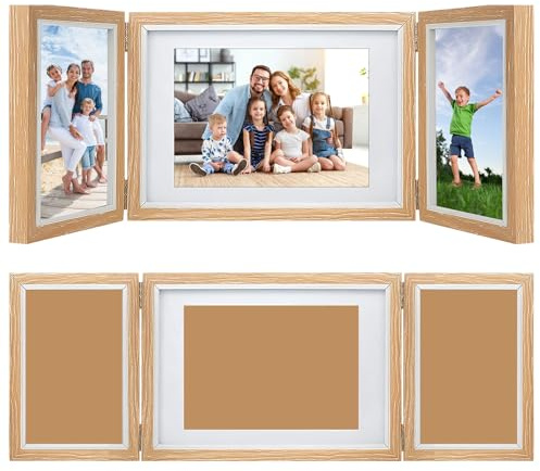 EXIN DEHCEN Bilderrahmen für Mehrere Bilder, 3er Bilderrahmen Klappbar aus Holz, für 10x15 cm und 13x18 cm Foto, Dreifach Faltbarer Rahmen, für Geburtstage Hochzeiten Weihnachten Valentinstag