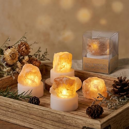 MIJOMA 4er Set Salzkristall mit LED-Teelicht – Salzlampe aus der Salt Range (Pakistan) – Natürliches Deko-Licht mit Batterie – Warmweiß – Entspannung & Ambiente 4 x 2 cm