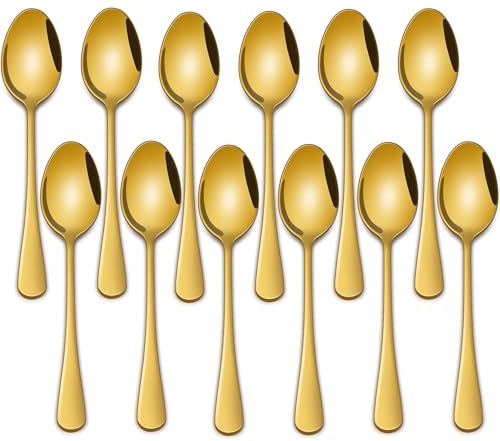 14 cm große Kaffeelöffel, 12 Stück, Edelstahl, goldfarben, Tee- und Kaffeelöffel, hochglanzpoliertes Metall, kleine Espressolöffel, spülmaschinenfest, goldfarbener Mini-Demitasse-Löffel