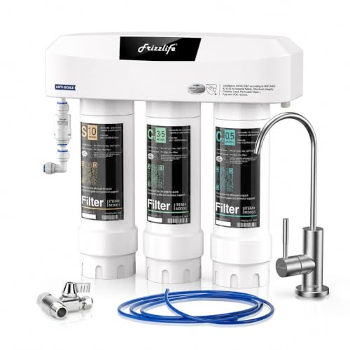 Frizzlife SP99 Untertisch Wasserfilter mit Wasserhahn, 0,5 Mikron 3-Stufen, NSF/ANSI 42&53 zertifiziert, entfernt 99,99% Blei, Chlor, Anti-Kalk-Technologie verlängert die Filterlebensdauer