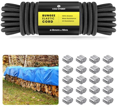 Kamu Synber Gummiseil 8mm x 10m Expanderseil Gummischnur Gummikordel | Spanngummi Planenseil Spannseil | mit 20 Würgeklemmen, 100% Dehnung, Wetterfest | für Anhängerplane, Gepäck, Sonnensegel
